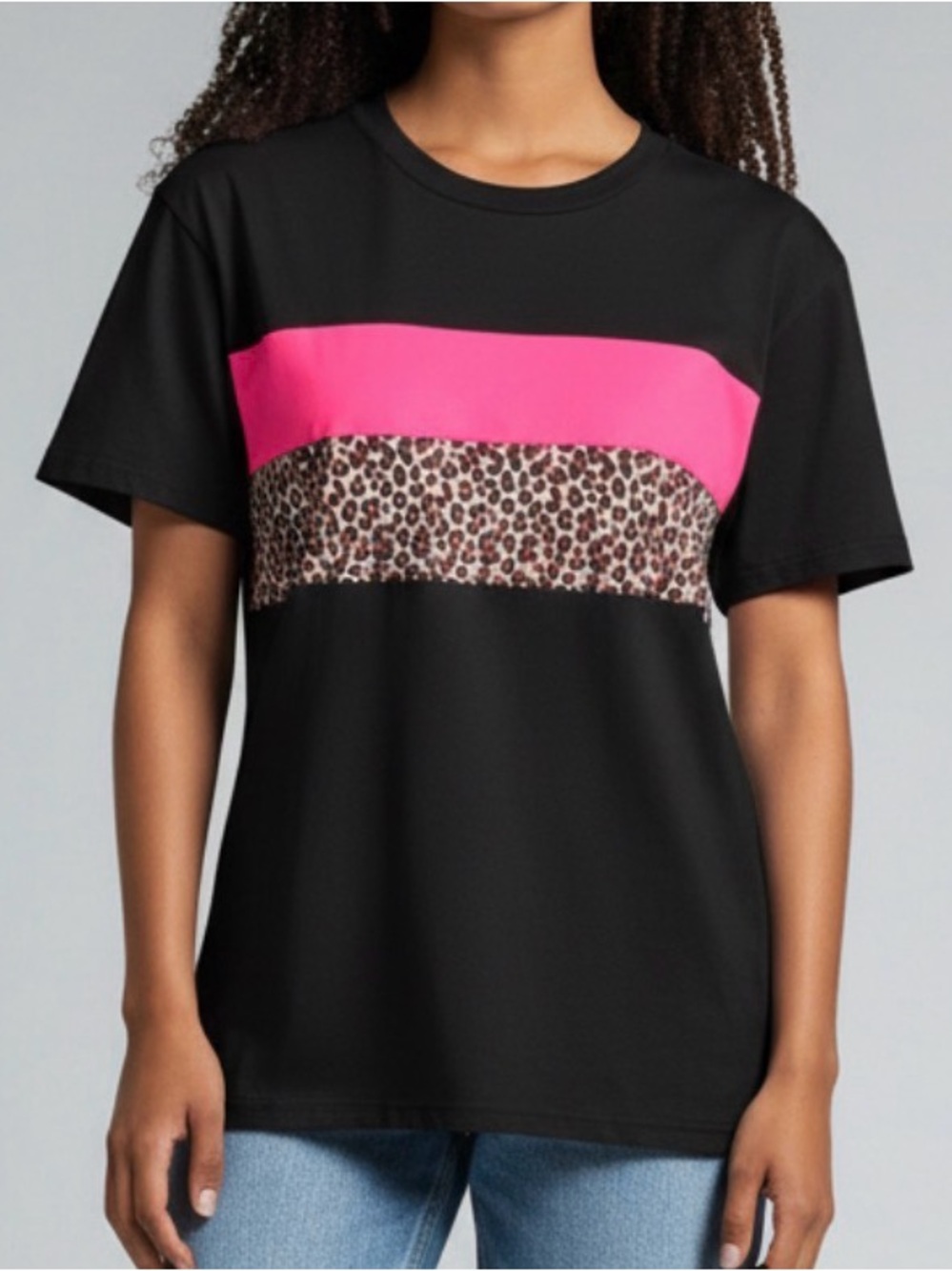 SHEIN Black With Pink And Leopard Print T-Shirt